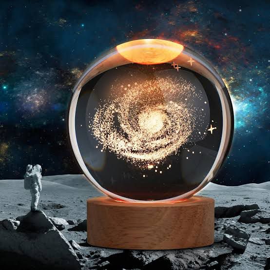 3d Galaxy Solar System Crystal Ball Night Light With Wooden Base, For Boys And Girls